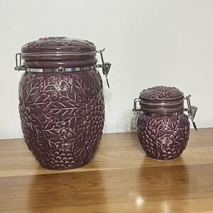 Majolica Vintage Canister Set In Purple Airtight Lids Ceramic Jars 2 Piece Set